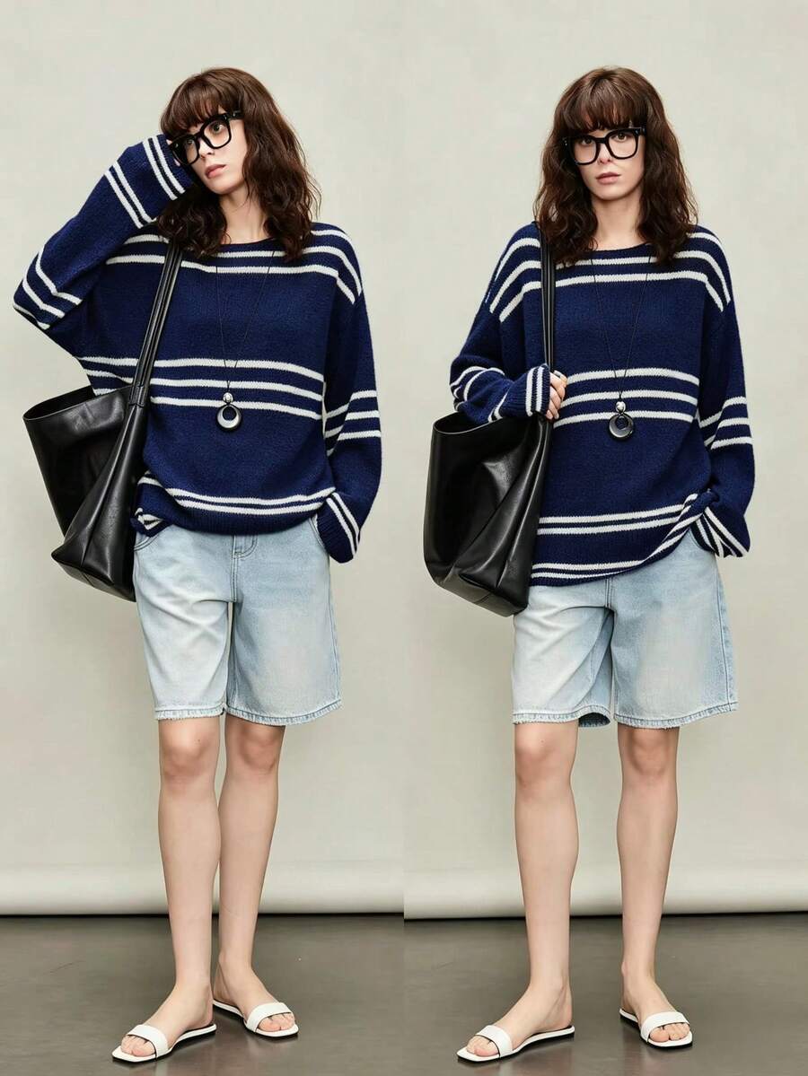 1pc Premium Striped Colorblock Loose Fit Long Sleeve Crew Neck Slimming Relaxed Versatile Knit Sweater Fall - Multicolor - View 1