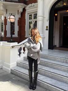 MORI Fall Winter Women Sweaters Y2K Preppy Grey Cable Knit Tops Mock Neck Loose Oversized Pullover Side Slit Office Streetwear Outfits - Grey - View 6