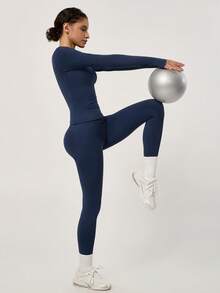 NcmRyu One Set Women's Round Neck Fitted Soft Long Sleeve High Waist Pants Gym Training Running Aerobics Yoga Pilates Workout Set - Blue - View 8