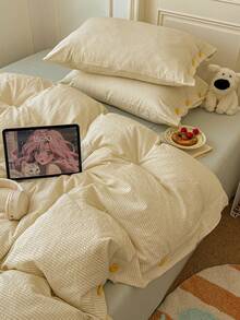 Cream Yellow Fine Striped Washed Jacquard Button Style 4-Piece Bedding Set, Contrast Yellow Button Decor, Breathable Soft All-Season Bedding Set Including 1 Duvet Cover, 1 Bed Sheet, 2 Pillowcases, No Filling, Suitable For Dorm, Bedroom, Home Use, Multiple Size Options - Champagne - View 10
