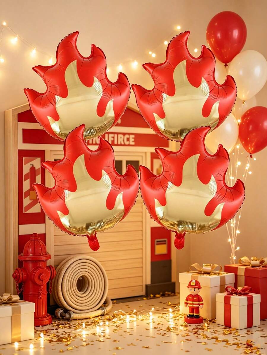 4pcs 59cm Large Red Flame Shaped Aluminum Foil Balloons, Suitable For Firefighter Theme Party Decoration Props - View 1