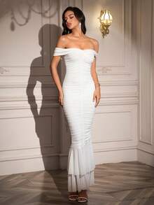 PARTHEA Women Elegant Off‑Shoulder Mermaid Party Dress, Ruched Layered Ruffle Hem White Bodycon Long Dress - White - View 1