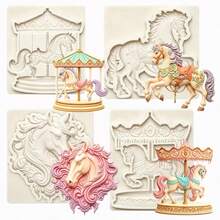Carousel Silicone Mold 4Pcs Set, Horse Fondant Chocolate Cake Decor Tray, Resin Clay Plaster Handmade DIY - Beige - View 2