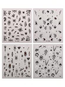 4 Sheets Luminous Glow‑In‑The‑Dark Halloween Nail Stickers For Women, Spider Web Bat Snake Gothic Design, Salon Effect DIY Manicure Decor - Multicolor - View 3