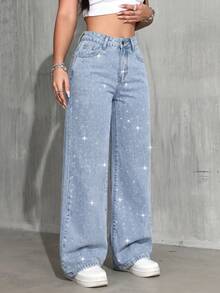 Women's Star Rhinestone Decor Loose Casual Straight Leg Jeans, Summer Vacation Street Party Fashion Jeans Fall - Light Wash - View 6