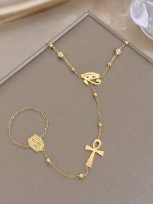 Boho Vintage Ancient Egyptian Eye Of Horus Ankh Zirconia Bead Stainless Steel Hand Chain Bracelet For Women,Gold Jewelry,Party,Daily,Christmas/Halloween - Multicolor - View 9