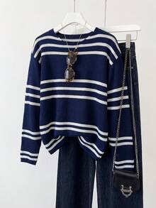 1pc Premium Striped Colorblock Loose Fit Long Sleeve Crew Neck Slimming Relaxed Versatile Knit Sweater Fall - Multicolor - View 4