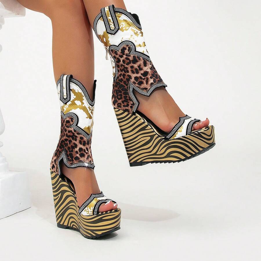 Women's Wedge Platform Sandals Boots, Black PU, Round Toe Open Toe With Cross Stud Decoration; Suitable For Party, Holiday, Outdoor; Multi-Functional, Height-Increasing, Waterproof - Multicolor - View 1