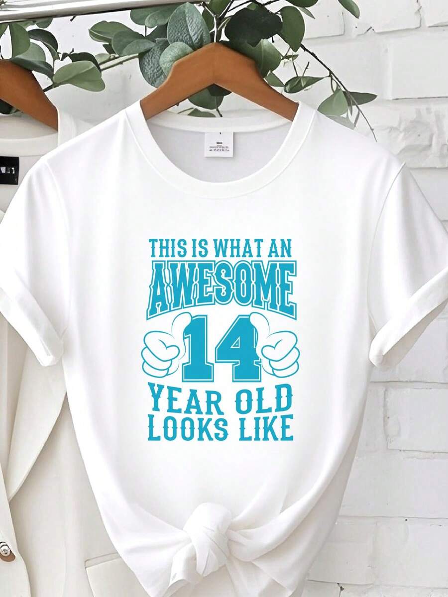 Camiseta de mujer con estampado de "14º Cumpleaños Chico" para 14 años - Estampado de pulgar hacia arriba y número 14 en turquesa y blanco, camiseta casual de cuello redondo, idea de regalo - Blanco - Ver 1