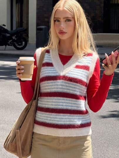 Fall Winter Women's Sweet Striped Sleeveless Knit Sweater Vest,Red Fuzzy V Neck Layering Top For Halloween, Thanksgiving & Christmas Outfit,