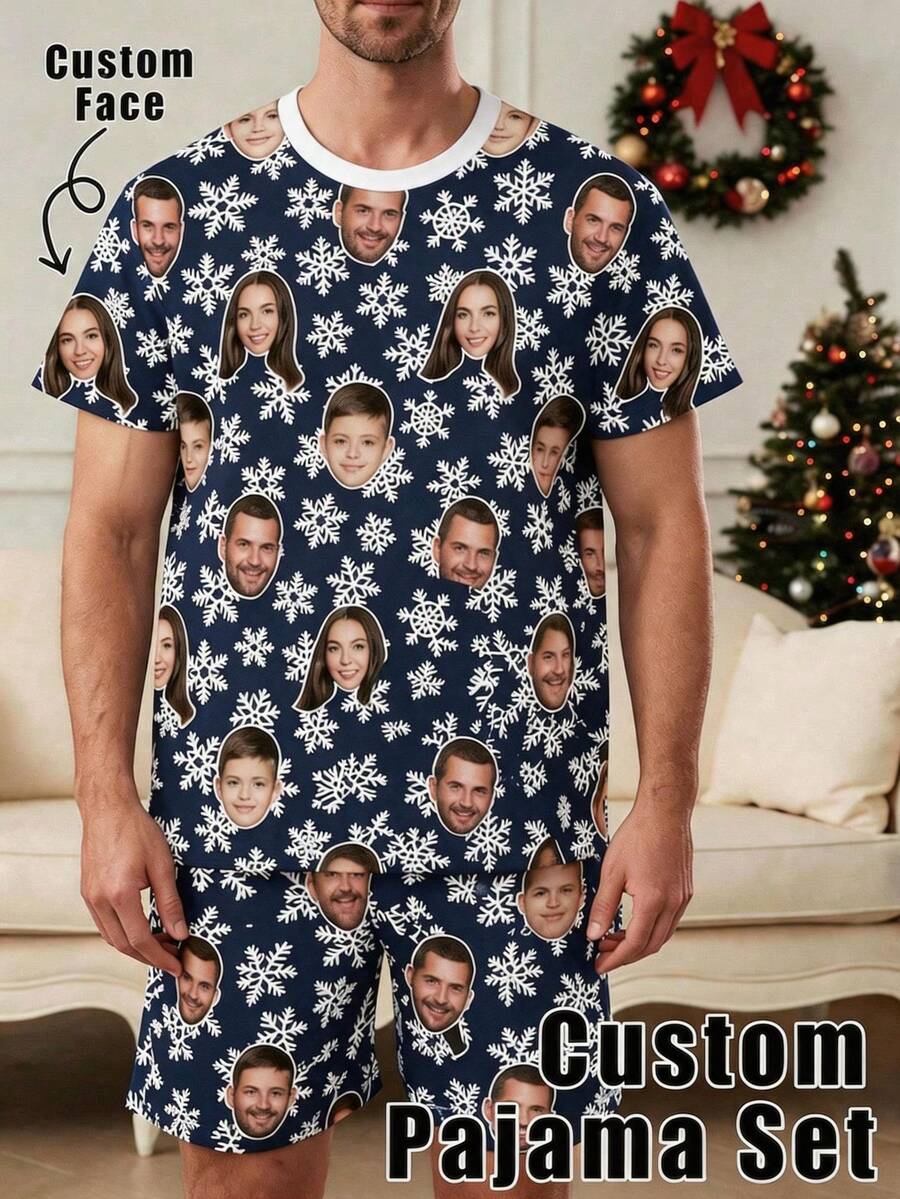Upload Custom Portrait Male Sleepwear Set, Winter Snowflake & Multi Family Faces All Over Customized PJs Holiday Surprise Present - Multicolor - View 1