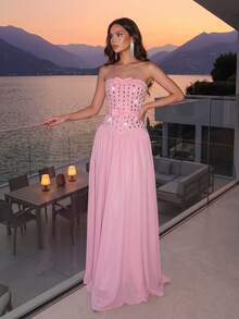 New Pink Sexy Sleeveless Backless Heavy Rhinestone Bow Mesh Patchwork Bandage Long Dress, Elegant Women's Formal Evening Gown - Pink - View 5