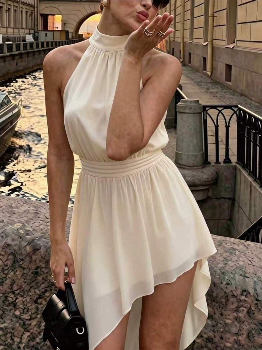 Elegant Fashion Romantic Halter Neck Tie Back Open Back Draped Design Short Dress With Built-In Safety Shorts For Women, Chiffon Fabric Ruffle Summer