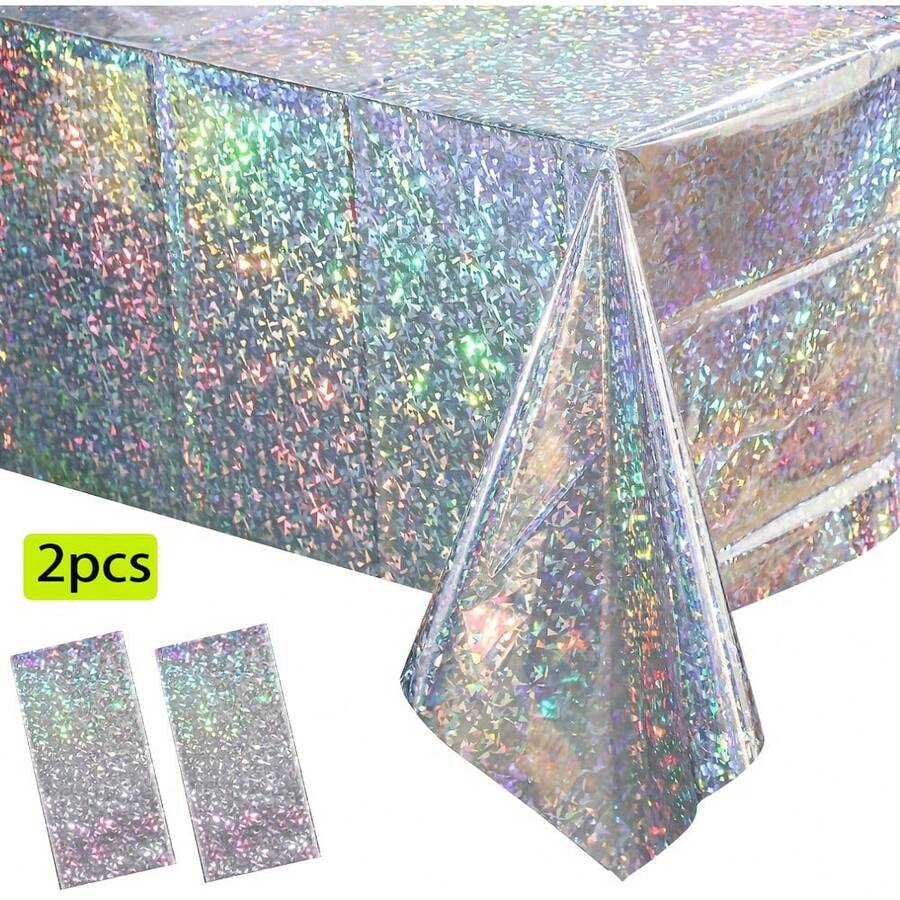 2pcs Silver Floral Laser Disposable Plastic Tablecloth, Shimmering Under Light, Suitable For Birthday Party, Theme Party, Holiday Gathering, Outdoor Dining Table Decor 137*274cm - Multicolor - View 1