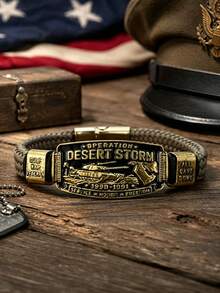 Vintage Workwear Style Woven Paracord Bracelet, Antique Embossed Metal Nameplate Magnetic Bangle, Fashion Jewelry For Men Daily Wear - Style 1 - View 1