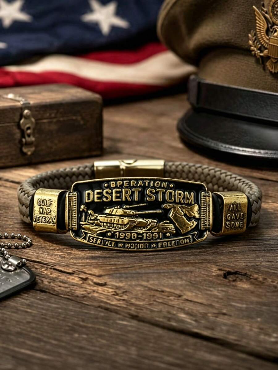 Vintage Workwear Style Woven Paracord Bracelet, Antique Embossed Metal Nameplate Magnetic Bangle, Fashion Jewelry For Men Daily Wear - Style 1 - View 1