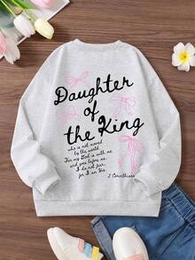 Bộ 2 món cho bé gái tuổi teen gồm áo nỉ cổ tròn có nơ và in chữ tiếng Anh, phối cùng quần ống rộng đơn giản phong cách thường ngày, thoải mái cho mùa thu/đông - Màu Xám nhạt - Xem 5