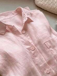 Plus Size Women's Casual Solid Color Front Button Curved Hem Shirt, Spring/Autumn, Pink - Pink - View 3