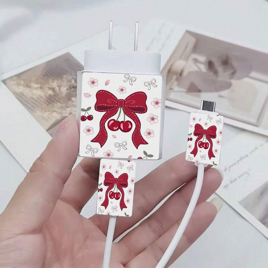 3pcs Cherry Red Ribbon Pattern Data Cable Protector, Compatible With IPhone 20W/18W Charger - Multicolor - View 1