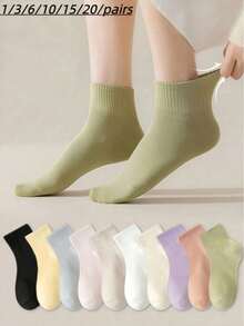 1/3/6/10/15/20 Pairs Women's Solid Color Soft Elastic Breathable Short Socks, Casual Comfortable Mid-Calf Socks, Suitable For Spring, Autumn, Summer Daily Wear - Multicolor - View 10