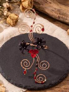 1pc Women's Vintage Handmade Metal Wire Wrapped Black & Red Flower Cuff Bracelet With Pearl & Crystal Pendant, Gothic Style Jewelry - Red - View 3