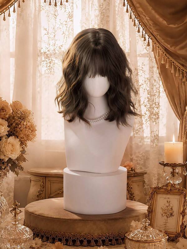 alicegarden 14-Inch Long Synthetic Wig Featuring A Natural Curly Hair Look A A Stunning Chocolate-Brown. Designed With Bangs , This False Hairpiece Is Perfect For Ms Daily Party Cosplay Use, Offering A Natural And Natural Durable Wig Gift For Ladies.