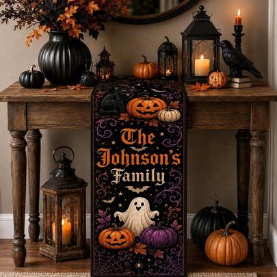 1 pieza Camino de mesa personalizado de Halloween, camino de mesa con nombre familiar personalizado, decoración de mesa de comedor con gato negro, fantasma y calabaza, regalo para fiesta espeluznante