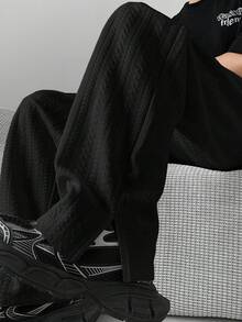 男士時尚休閒寬鬆提花開衩褲腳直筒長褲 - 黑色 - 查看 1