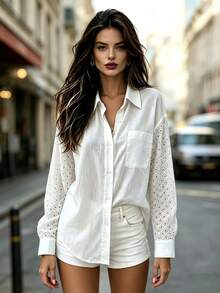 Women's White Front Button Shirt Collar Hollow Embroidery Long Sleeve Semi-Sheer Non-Stretch Fabric Bohemian Style Autumn Blouse - White - View 2