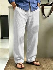 Men's Linen Straight Leg Casual Pants, Spring/Summer Thin Breathable Versatile Solid Color Drawstring Loose Long Pants, Black - White - View 1