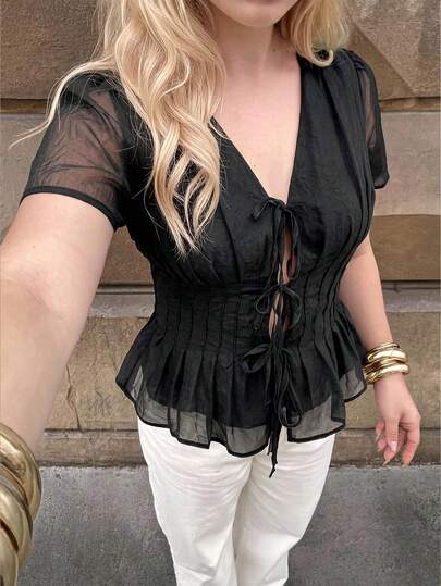 Dripcurv Plus Size Solid Color Tie Collar Pleated Casual Sexy Elegant Everyday Date Night Evening Formal Going Out Short Sleeve Shirt, Black Summer