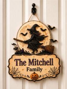 Custom Halloween Witch Door Sign, Spooky Personalized Wooden Hanging Plaque, Rustic Wall Decor For Front Door, Porch, Entryway, Customized Family Name Sign, Customizable Name Holiday Party Accent, Fall Gift, Home Decor, Living Room Decor, New Home - Style B - View 4