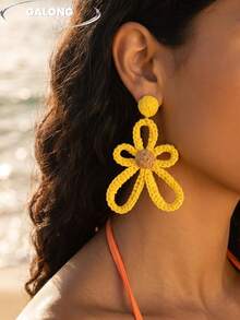 French Country Style Handmade Woven Flower Earrings For Women, Summer Fresh Straw Woven 3D Flower Drop Earrings, Vacation Style Jewelry - Yellow - View 2
