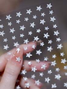 1pc Silver Reflective Glitter Star Nail Art Sticker, Shiny Star Pattern Decorative Nail Decal, Y2K Style Nail Sticker, Suitable For DIY Nail Decoration - Silver - View 1