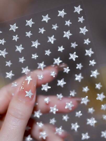 1pc Silver Reflective Glitter Star Nail Art Sticker, Shiny Star Pattern Decorative Nail Decal, Y2K Style Nail Sticker, Suitable For DIY Nail Decoration