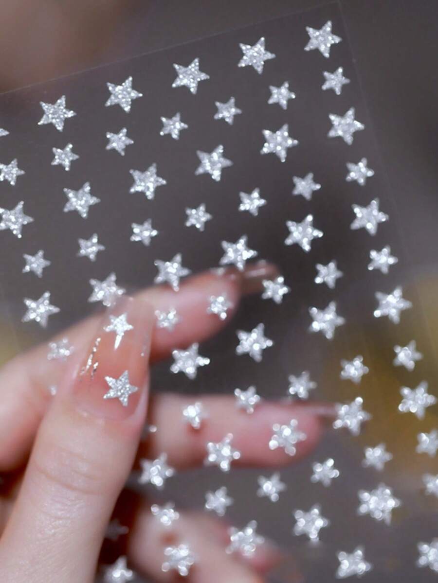 1pc Silver Reflective Glitter Star Nail Art Sticker, Shiny Star Pattern Decorative Nail Decal, Y2K Style Nail Sticker, Suitable For DIY Nail Decoration - Silver - View 1