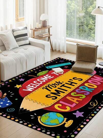 Custom Name Text Apple Globe Pen Flannel Rug Back To School Personalized Classroom Area Carpet For Teacher Preschool Kindergarten Reading Corner Entryway Bedroom Living Room Decor Birthday Housewarming Thanksgiving Christmas Holiday Gift New Year