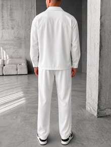White 2 Pieces Set, Camp Collar Long Sleeve Shirt And Drawstring Wide Leg Casual Vacation Pants - White - View 4