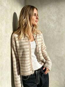 Cardigan Sweater Rajut Lengan Panjang Wanita Kerah Bulat, Garis-garis Warna Kontras, Kancing, Lembut, Kasual, Modis, Serbaguna, Gaya Jalanan Vintage Sehari-hari - MultiWarna - View 5