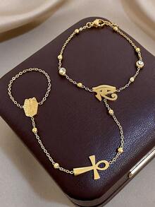 Boho Vintage Ancient Egyptian Eye Of Horus Ankh Zirconia Bead Stainless Steel Hand Chain Bracelet For Women,Gold Jewelry,Party,Daily,Christmas/Halloween - Multicolor - View 5