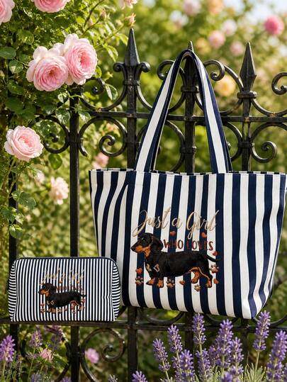 "Just A Girl WHO LOVES" Dachshund Print Striped Tote Bag Set, Women's Cartoon Puppy Pattern Tote Bag With Matching Cosmetic Bag, Cute Dachshund Print Large Shoulder Bag With Matching Zipper Pouch, Women's Casual Canvas Shopping Tote Bag, Essential For School, Shopping, Travel, Commuting, Birthday, Back To School, Teacher's Day Gift (Pattern Is Imitation Embroidery)