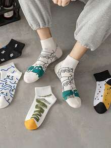1/5 pares de calcetines para hombres y adolescentes, multicolor aleatorio, para todas las estaciones, con patrón de rana de garabato de línea digital, moda personalizada versátil, suaves, cómodos y transpirables, calcetines cortos casuales para deportes y streetwear - Multicolor - Ver 6