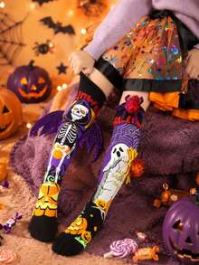1 Pair Halloween Kids Funny Quirky Over-The-Knee Socks, Dark Gothic Style, 3D Decor, Comfortable And Durable, Suitable For Halloween, Festivals, Parties, Performances, Gatherings - Multicolor - View 1