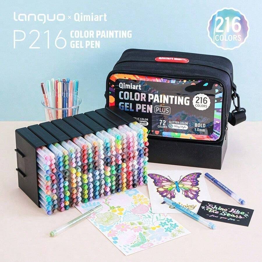 Langguo New 216pcs 216-Color Gradient Pens, 144-Color Neutral Pens, 72-Color Highlighting Pens (216-Color Travel Pack, Rack-Mounted For Easy Storage), 0.5mm/0.7mm/1.0mm Nib, Transparent Barrel, Suitable For Drawing, Highlighting, Student Notes, Sketching, Manual Making, Office Use - Sets - View 1