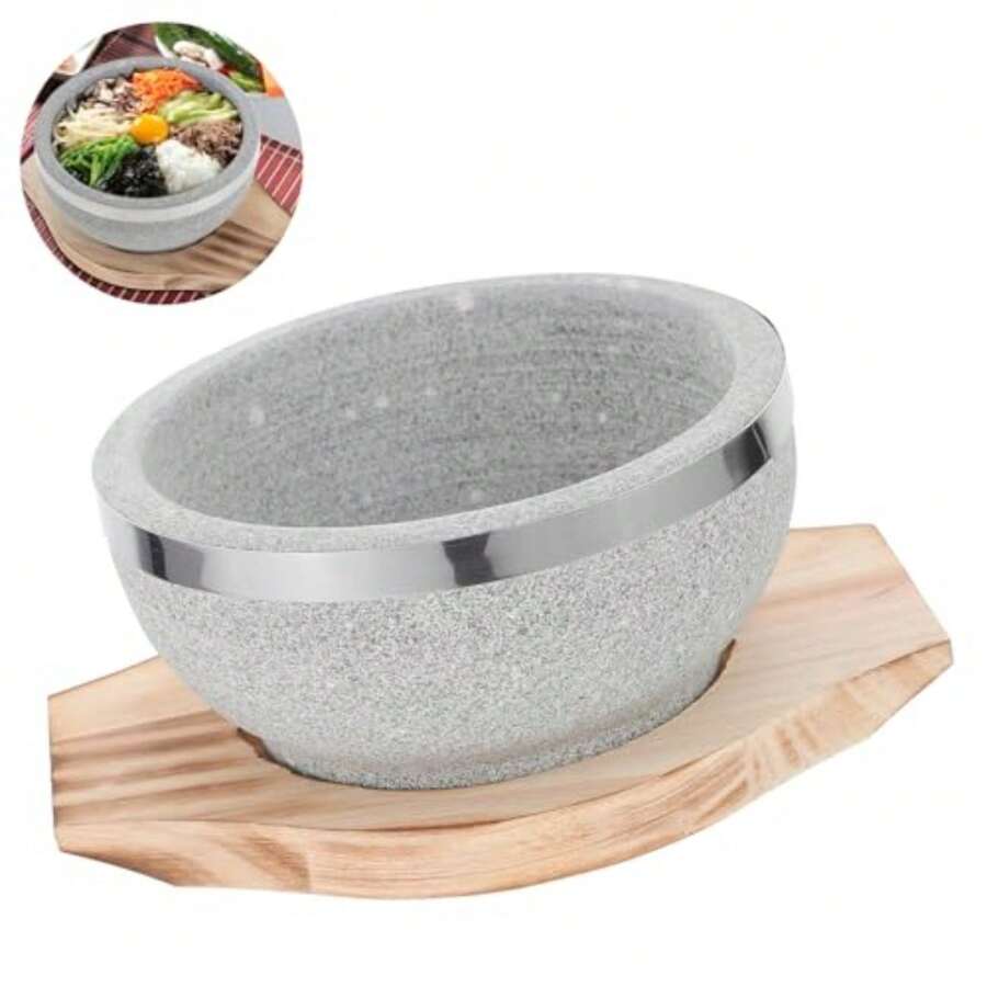 Stone Bowl With Wood Base 14cm Korean Stone Pot For Bibimbap Soup Rice Serving Traditional Asian Soup Bowl For Home Kitchen - View 1