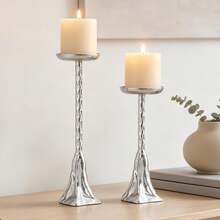 Textured Hammered Silver Tall Candle Holder, Asymmetrical Wavy Base Pillar Candle Stand, Vintage Luxury Tabletop Candlestick For Living Room, Dinner Party, Home Decor - Copper Hill Candle Holder - View 7