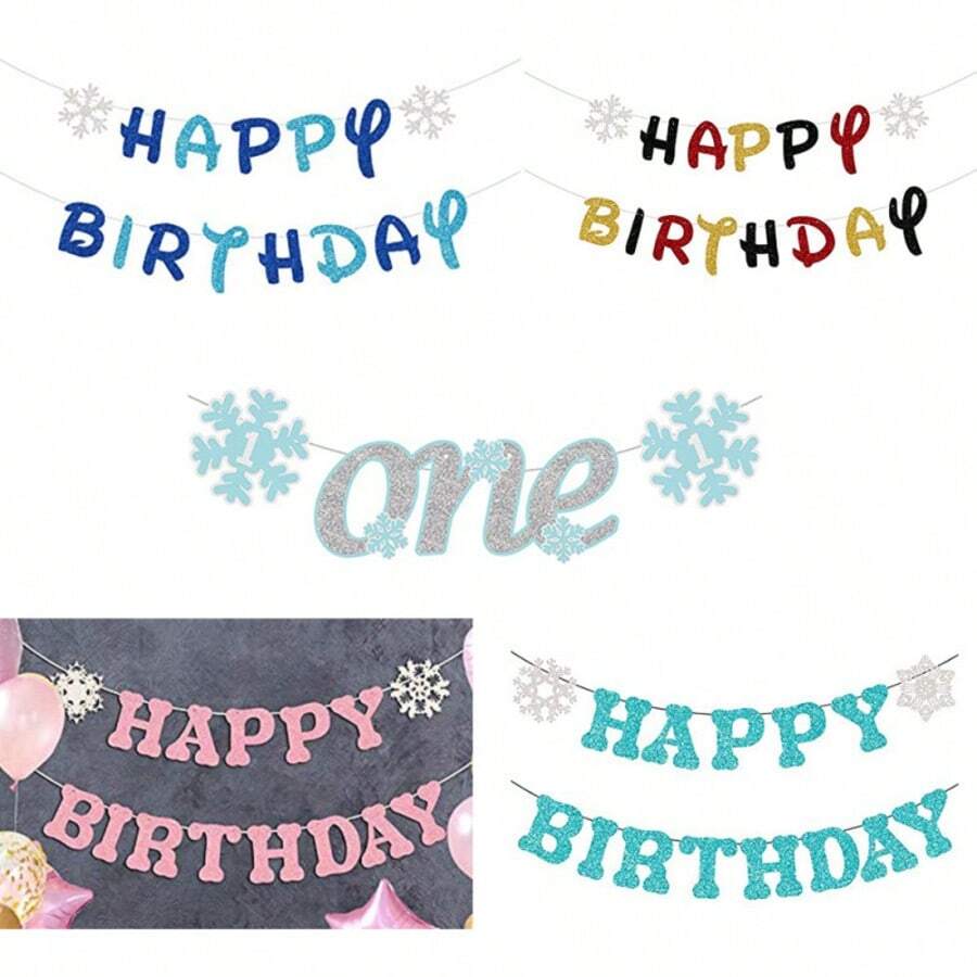 1Set Winter Happy Birthday Paper Banner, Multi‑Color Glitter Letter Garland With Snowflake Accent, Birthday Hanging Pennant For Birthday Party, Indoor Wall, Mantel, Backdrop & Photo Booth Party Decor - View 1