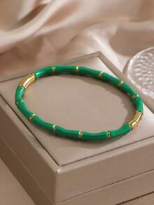 5 pièces/1 pièce Bracelet en acier inoxydable minimaliste avec joint en bambou et goutte d'huile colorée, convient pour le port quotidien et les fêtes des femmes - Multicolore - Voir 7