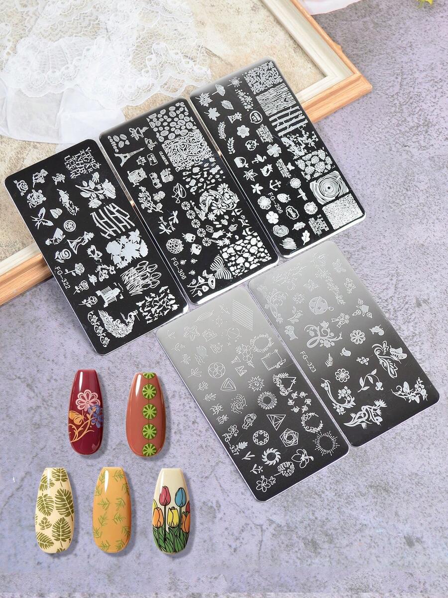 5件組美甲印花鋼板套裝 線條花卉幾何圖案 不鏽鋼美甲轉印模板 DIY美甲工具 - 銀色 - 查看 1