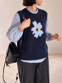 Women's Autumn/Winter Minimalist Casual Floral Pattern Knit Pullover Vest Top - Navy Blue - View 6